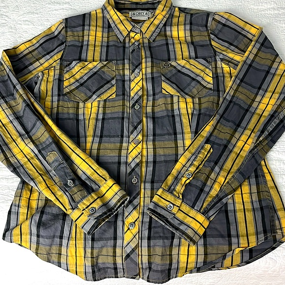 OBEY Women’s Plaid Lightweight Cotton Button Up Shirt Size L Yellow Streetwear - Picture 12 of 12